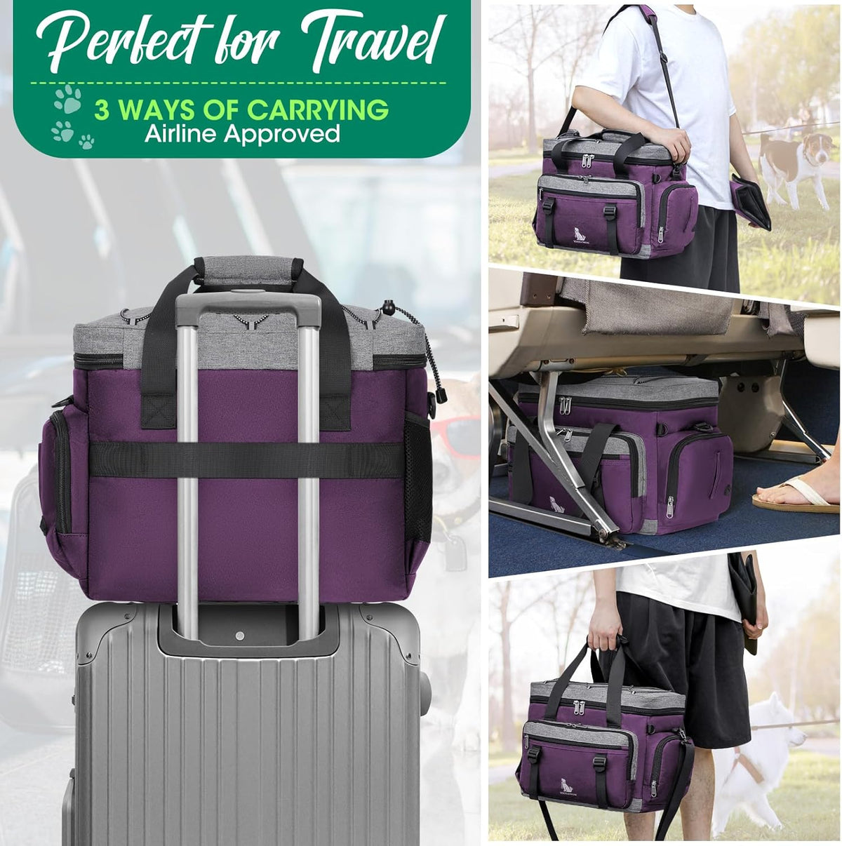 IGOLUMON Dog Travel Bag Large Pet Travel Bags Set for Supplies Weekend Dog Travel Kit Tote Organizer Multi-Pockets Dog Food Travel Bag with 2 Large Food Containers, 2 Dog Bowls, 1 Feeding Mat, Purple