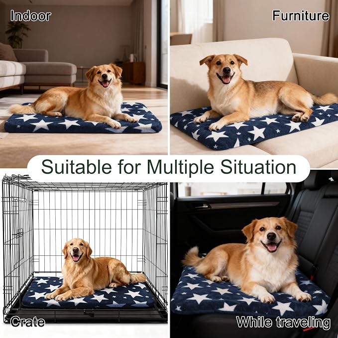 Washable Dog Bed Plush Orthopedic Outdoor Crate Mat with Non-Slip Bottom,Luxe Soft Kennel Pad for Pets, Cozy Cage Cushion & Pet Sleeping Mattress Large Sized,Medium,Small Dogs,36 x 24 inch,Blue