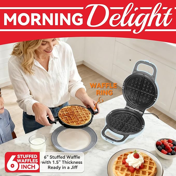 6" Stuffed Waffle Maker Rotating, Flip Waffles Maker Machine