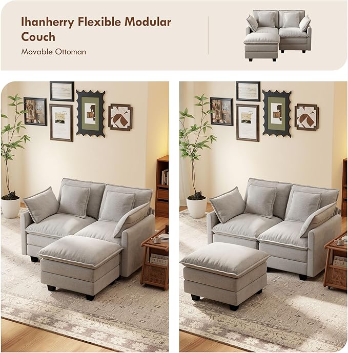 Ihanherry 57" L Shaped Modular Sectional Cloud Sofa, Modern 3 Seat Chenille Couch with Ottoman for Living Room, Bedroom and Apartment, Grey