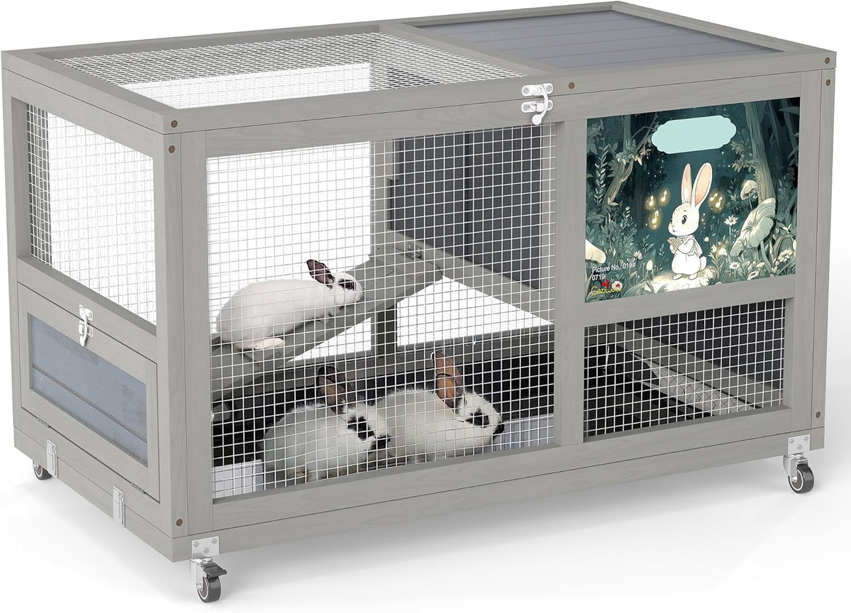 COZIWOW Fashionable Wood 36In Rabbit Hutch Indoor on Wheels Bunny Cage Outdoor Rabbit Cage with Clean Tray, Openable Roof, Anti-Slip Ramp for Small Bunny Rabbit (Grey with Pattern)