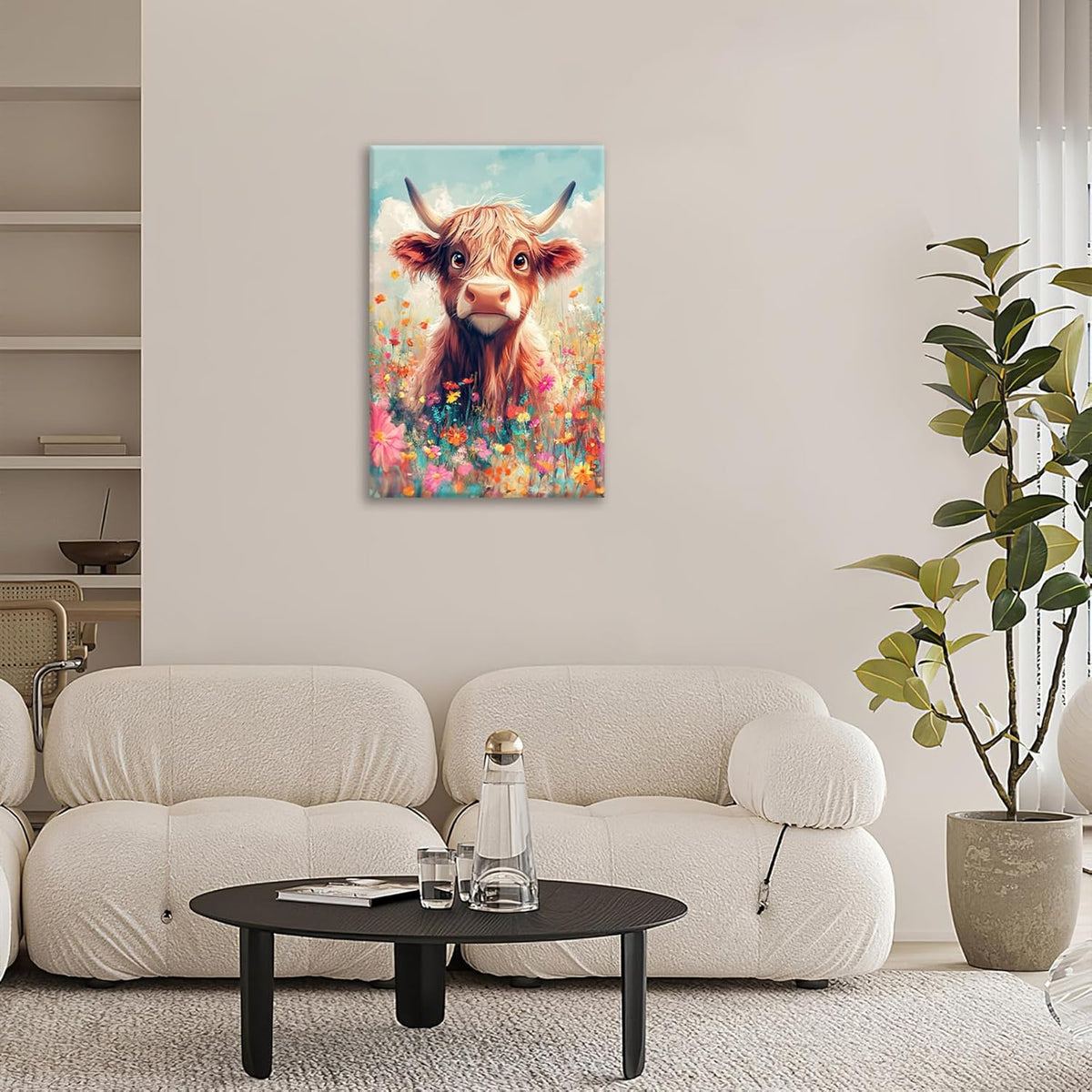 Highland Cow Wall Art Canvas Flower Cattle Wall Decor Prints Framed Painting Animal Pictures Gifts Artwork for Bathroom Living Dining Kitchen 16"x24"