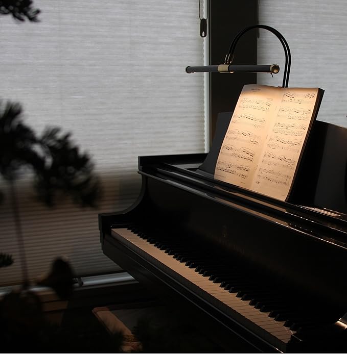 Cocoweb 22" LED Grand Piano Light in Black with Satin Nickel Accents and Dimmer Clip - Adjustable - LED - Bright - Clamps onto Music Boards .75" or Less - Dual Rotating Shades - Dimmable
