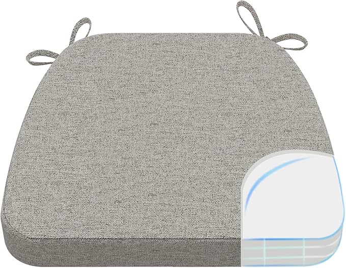 AAAAAcessories D-Shaped Chair Cushions, 2" Thick Dining Chair Pads with Ties and Removable, Machine-Washable Cover, 17" x 16", Khaki Gray