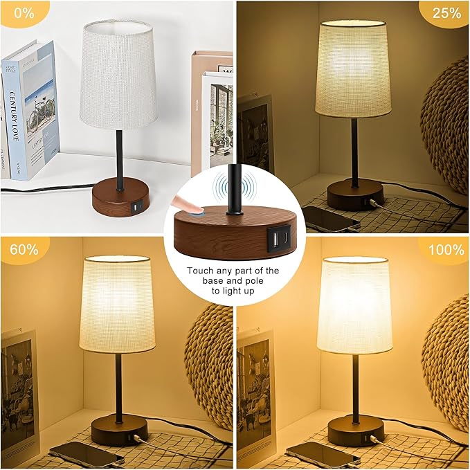 Modern USB & Type-C Bedside Lamp with Touch Control, Dimmable Table Lamp with White Fabric Shade Enhanced with Gold Threads, Includes LED Bulb - Ideal for Bedroom, Office, Dorm