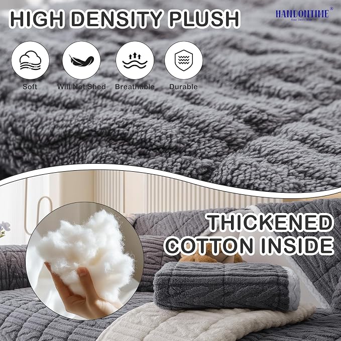 HANDONTIME Fuzzy Dog Couch Cover Washable, Pet-Friendly Sofa Covers Non-Slip Geometric Jacquard Pet Protector Furniture Cover for 3 Cushion Sofa Cozy Fuzzy Dog Mat for Couch (Grey, 35.4" x 70.9")