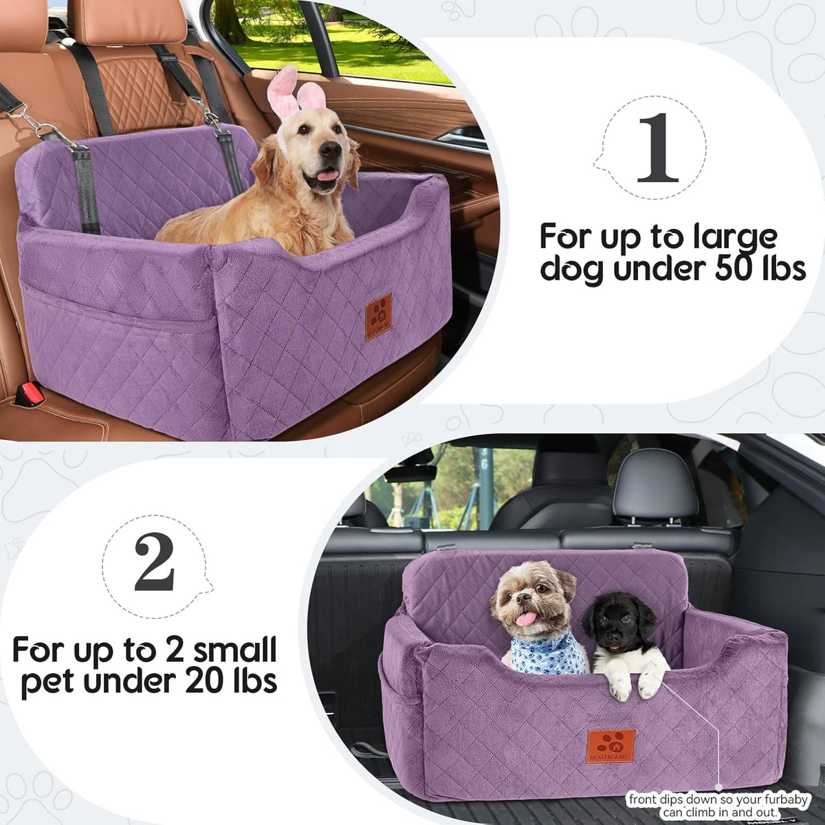 Dog Car Seat for Medium/Large Dogs, Dog Booster Seat for Pet Under 50lbs or 2 Small, Detachable and Washable Pet Car Seat,Multi-Functional Pet Travel Bed for Backseat(Purple)