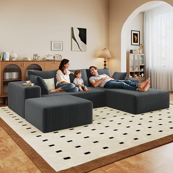 96" U-Shape Cloud Couch, Modern Modular Sectional L-Shape Sofa with Ottoman, Corduroy Upholstered Couches Deep Seat Chaise Longue for Living Room, No Assembly Required(Dark Gray, Right Facing)