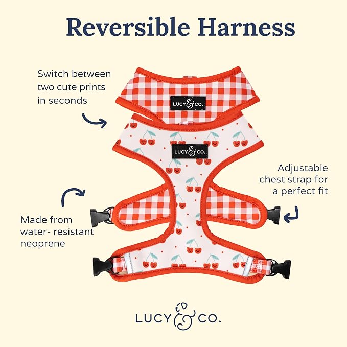 Lucy & Co. Reversible Dog Harness - Water-Repellent Neoprene, Dual-Print Design, Easy Swap Style, Adjustable Comfort Fit - Cheery Cherries Reversible Harness - X-Small