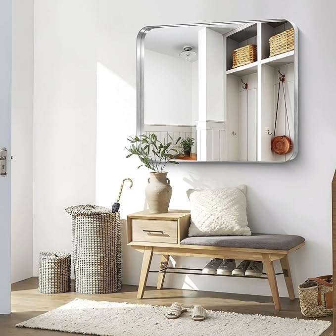 CIRCUMI Silver Bathroom Mirror, Rounded Corner, Tempered Glass, Large Mirror