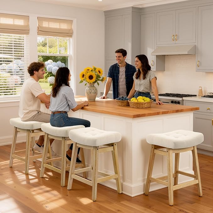 Counter Height Bar Stools Set of 4 for Kitchen Counter, Backless Farmhouse Island Short Barstools No Back with Padded Fabric Saddle Seat & Solid Wood Legs Modern 24 inch Counter Top Bar Chairs, Khaki