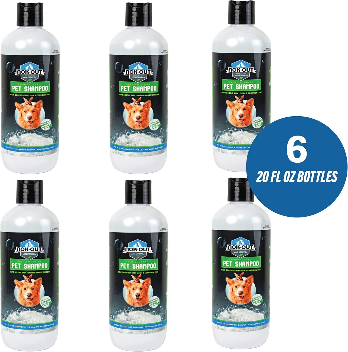 NOK OUT Premium Grade Pet Shampoo for Dogs and Cats, Veterinary Strength and Odor Eliminator Formula, Made in the USA, 20 Ounce Bottle, 6-Pack