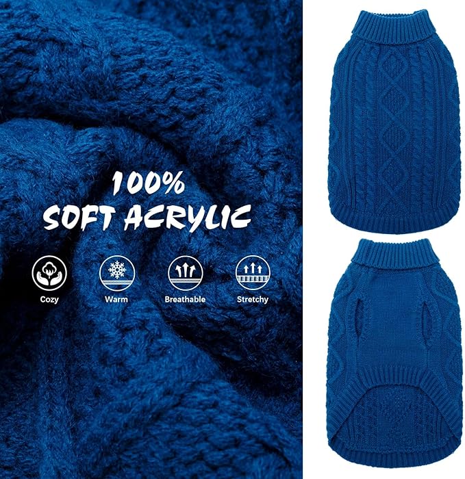 BINGPET Thermal Knitted Dog Sweater for Small Medium Large Dogs,Winter Dog Cat Coat Warm Sweartershirts Outfits,Classic Cable Knit Turtleneck Pullover Dog Jumper Coat Warm Sweartershirts(Blue,ML)
