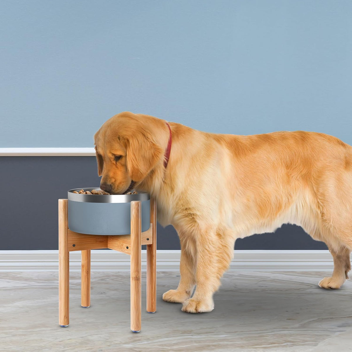 Dog Bowl Stand for Large Breed - 14-inch High, Adjustable Sideways to Fit Various Sizes of Pet Food/Water Bowls, Slow Feeders, and Drink Fountains - Bamboo
