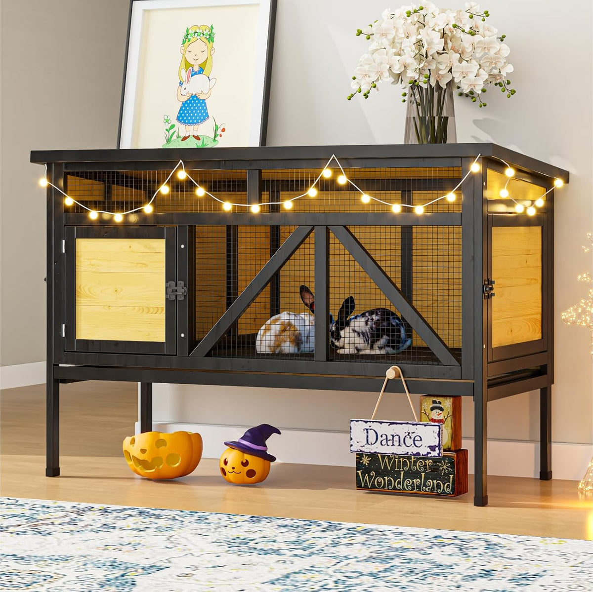 46.7" Rabbit Cage Elevated Bunny Cage Indoor, Outdoor Rabbit Hutch Hamster Cages for Small Animals, Wooden Guinea Pig Cages with Removable Tray & Waterproof Asphalt Roof & Bottom Wire Mesh