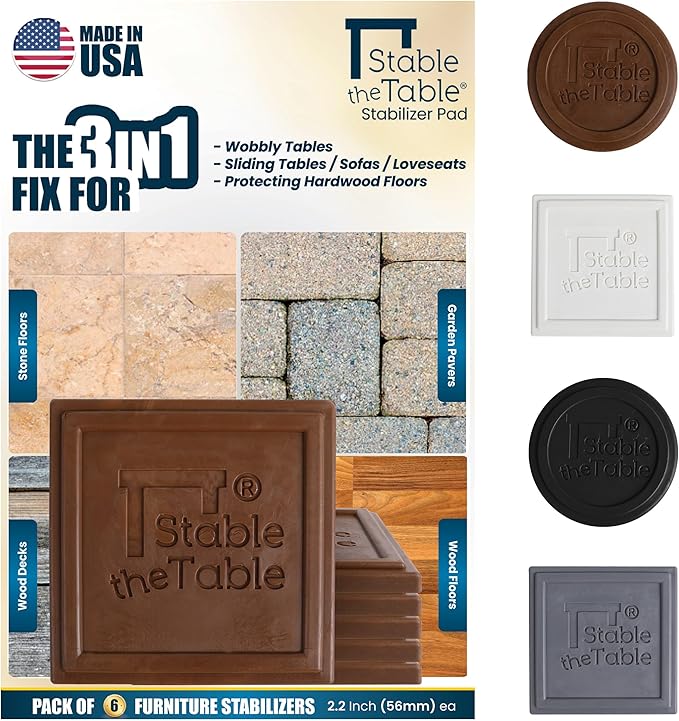 Stable the Table-6 Pack-Walnut Square, Furniture Leveler & Riser, Anti-Slip Sofa Gripper for Hardwood Floors, Floor Protector, Stacking Furniture Pad, Bed, Desk, Couch & Table Stabilizer, Made in USA