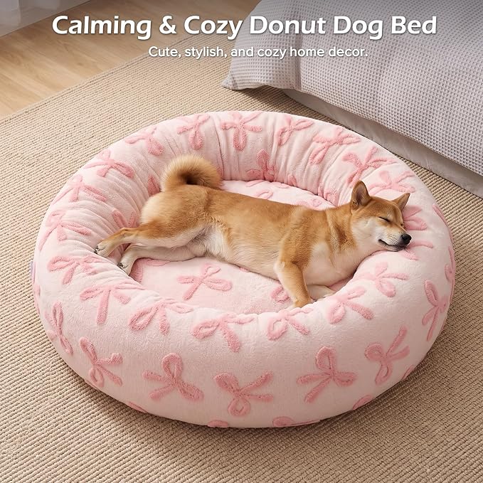 JOEJOY Jacquard Donut Round Dog Beds Large Sized Dog,Pink 36x36x8in, Removable Washable Cover, Cute Pattern, Ultra Soft Fluffy Calming Pet Bed with Thick Supportive Bolster