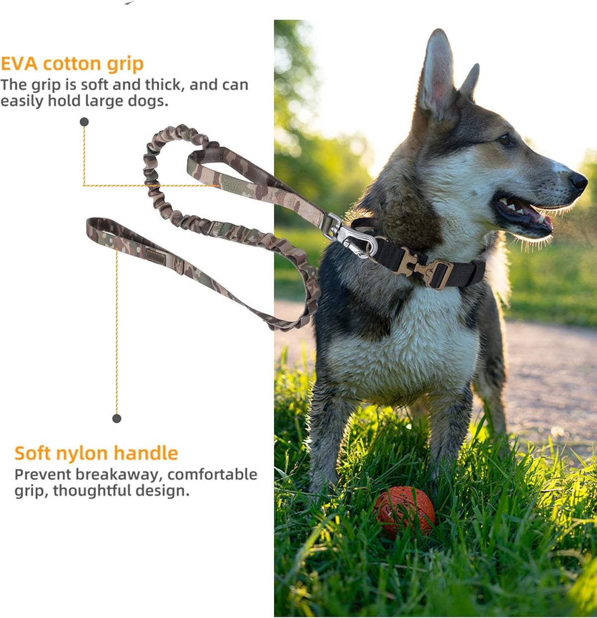 EXCELLENT ELITE SPANKER Bungee Dog Leash Tactical Nylon Adjustable Tactical No Pull Leads Rope for Dogs Quick Release Military Rope with 2 Control Handle (MCP)