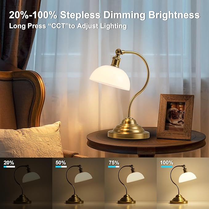 Cordless LED Table Lamp, 180° Swing Arm Desk Lamp, Battery Operated,Dimmable/3 Color, Vintage Rechargeable Table Light for Living Room,Bedroom,Bedside, White Shade, Brass