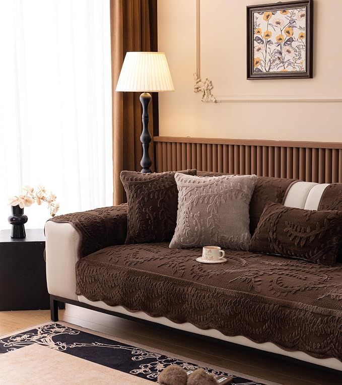 Fuzzy Rabbit Plush Sofa Cover Cozy Warm Sofa Couch Covers with 3D Jacquard Leaf Pattern Non-Slip Easy-to-Install Shaggy Sofa Slipcover Prefect for Kids Dogs Cats Cats(Caramel,36"x70")