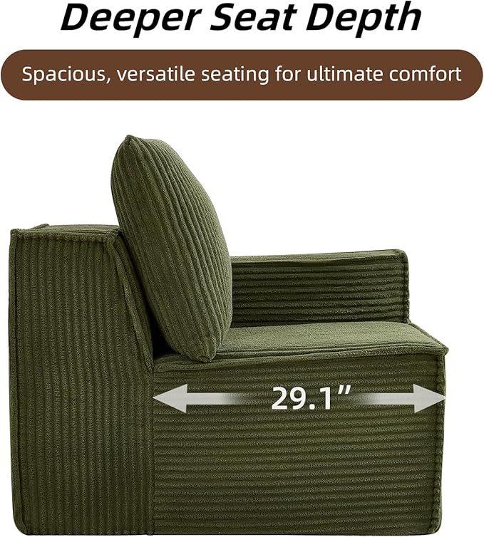 102” Boneless Modular Couch, 3 Seater Cloud Sofa for Living Room, Modern Sectional Sofa with Deep Seat, Comfy Fluffy Loveseat Couch, No Assembly Required, Green