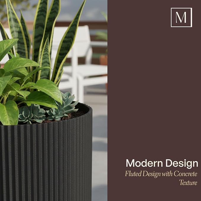 Mayne Haven Set of 2 (12in and 14in) Fluted Planter, Round Planters for Outdoor Plants, Lightweight Concrete Look Plant Pots for Porch, Patio, Garden and Entryway Décor, Chai