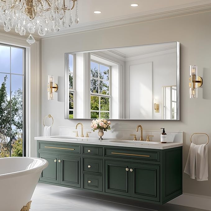CIRCUMI Silver Bathroom Mirror, Brushed Finish, Tempered Glass, Large Mirror