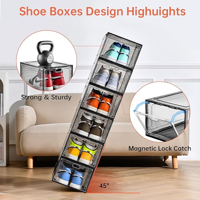 12 Pack Gray Transparent Shoe Storage Organizer, Stackable Shoe Boxes
