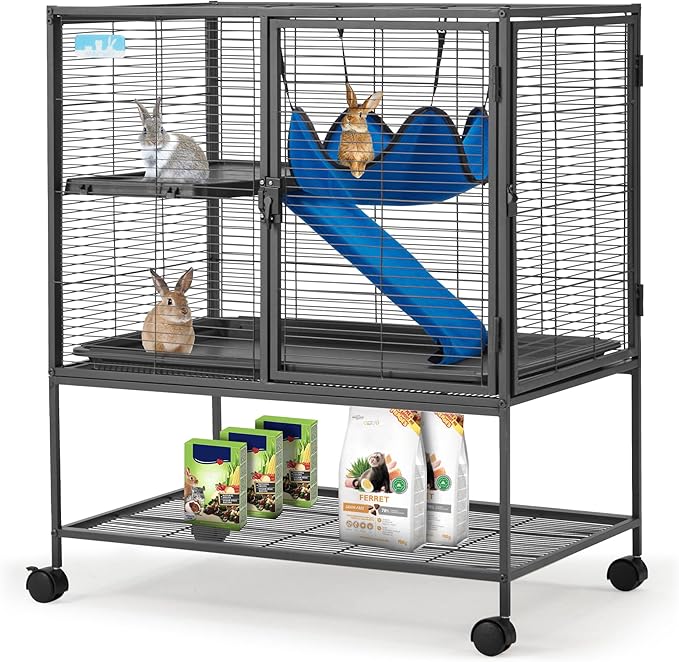 HABUTWAY 36.5''H Large Metal Rolling Ferrets Cage, 2-Tiers Small Animal Cages, Cage for Rats/Chinchillas, 0.5'' Bar Spacing for Ferret,Small Animal Cage w/Removable Ramp & Platform