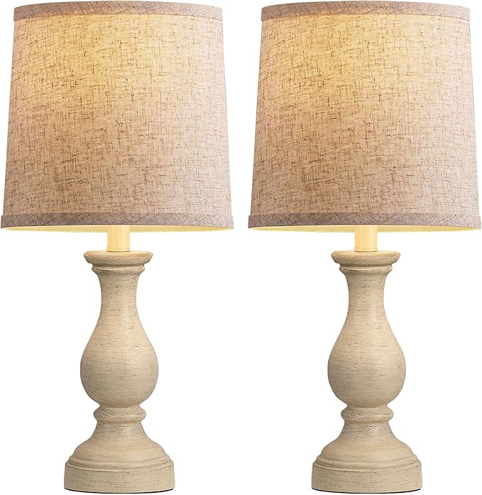 Seealle Farmhouse Table Lamps Set of 2 - Rustic Lamp for Bedroom Living Room, 22" Boho Bedside Lamps for Night Stands End Table Office Desk Lamp Nightstand Clearance with Linen Shades(Antique White)