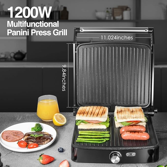 OSTBA Panini Press Grill with Adjustable Temperature, 4-Slice Indoor Grill
