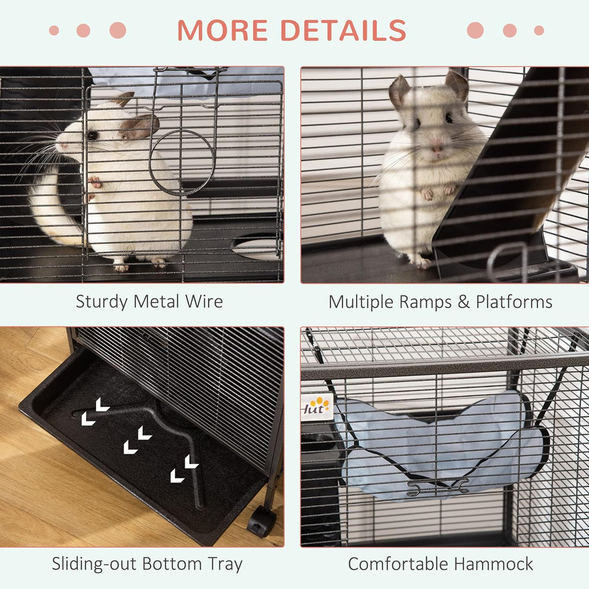 PawHut Metal Small Animal Cage, 4-Tiers Rolling Big Ferret Cage with Hammock, Removable Tray, for Chinchilla, Sugar Glider, Gray