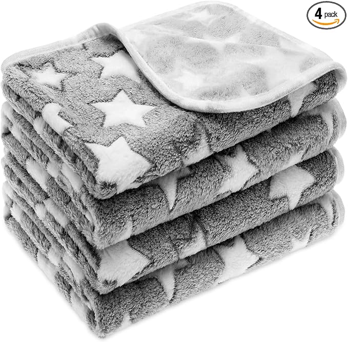 Tatuo 4 Pack Fleece Dog Blankets for Puppy Cats Multi-Size Sleep Mat for Pet Guinea Pig Soft Washable Crate Bed Puppy Teething Toys Print Pattern Warm Blanket Indoor (Gray,30 x 20.5 Inch,Star)