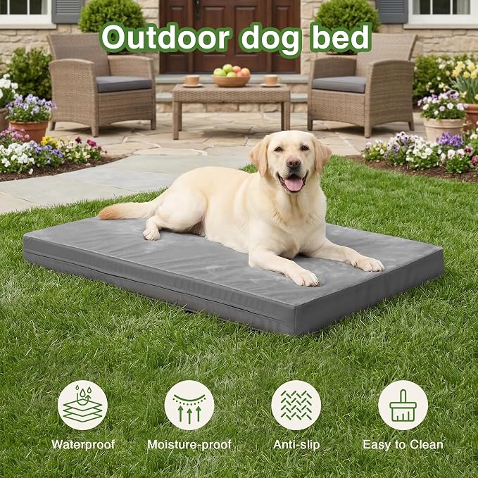 Waterproof XXL Dog Bed, Outdoor Washable Large Foam Crate Pad 48" Anti-Slip | Jumbo Pet Bed, Reversible Faux Leather & Flannel, Durable Removable Cover, Kennel Pad 47"x29" Gray