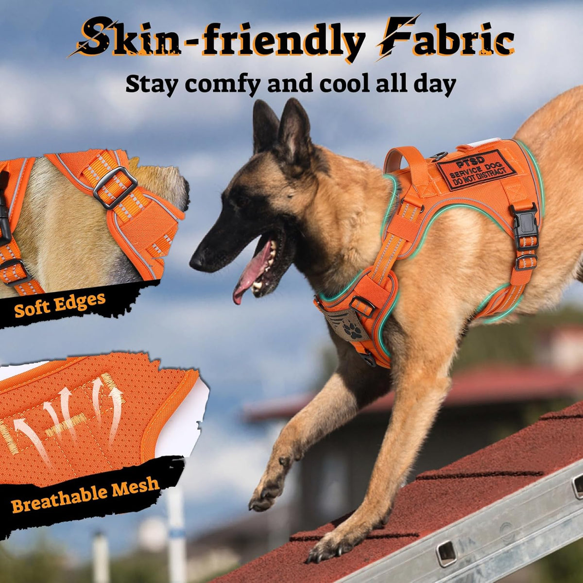 rabbitgoo Dog Harness Medium Sized No Pull, Tactical Service Pet Vest with Molle and Control Handle, Adjustable and Reflective Military Harness for Easy Walking and Training, Orange, M