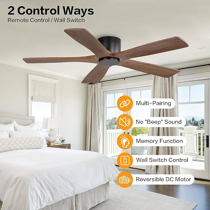 WINGBO 54" Flush Mount DC Ceiling Fans without Lights, 5 Carved Solid Wood
