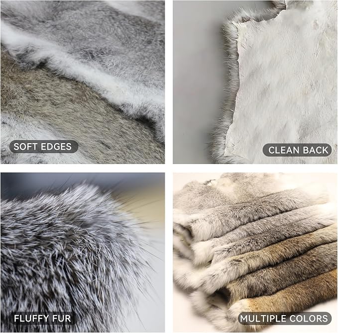 Craft Rabbit Fur Pelt Skin Genuine Tanned Animal Hide with Sewing Quality Leather 12" by 14" for Decoration DIY Crafts Cat Dog Toys Fur Fabric（5Pcs, White）