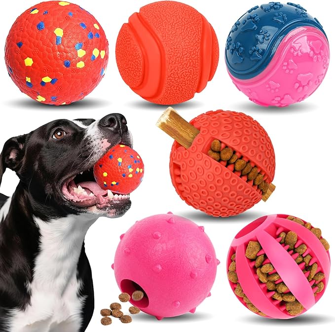 Dog Balls 6 Pack, Puppy Toys for Small & Medium Dogs, Interactive Dog Fetch Ball, Squeaky Chew Toys for Teeth/Slow Feeder/IQ Training/Playing, Dog Toys to Keep Them Busy