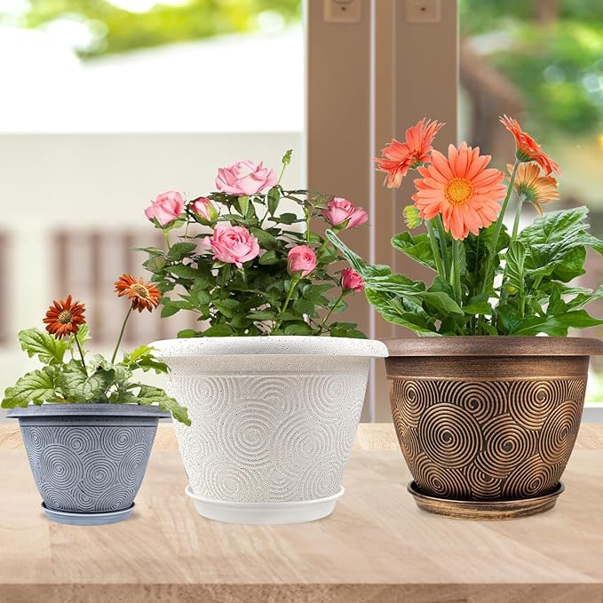 Fodetyff 12 Inch Large Planter Pot for Plants Indoor Outdoor, 4 Pack Plastic Flower Pots with Drainage Hole & Tray, Modern Decorative Garden Pot with Saucer, Plant Container for House