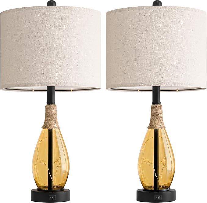 OYEARS 23" Table Lamps for Living Room Set of 2 Bedside Lamps for Night Stands Bedroom Lamps Farmhouse Rattan Boho Lamp Glass Nightlight End Table Lamp,Two Light Points