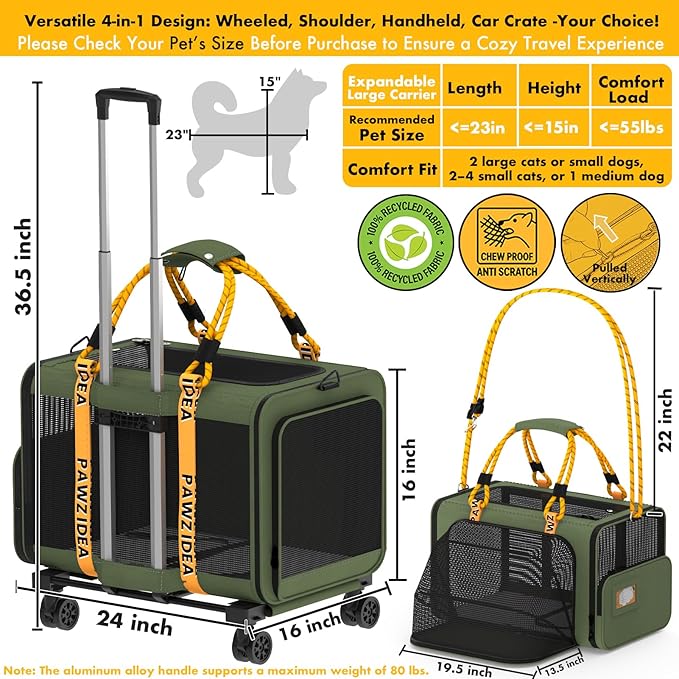PAWZIDEA Expandable Large Pet Carrier with Wheels, 24x16x16 in Rolling Cat Carrier for 2–4 Cats up 55lb, Soft-Sided Collapsible Small Medium Dog Crate for Car Travel, Telescopic Handle, Storage Pocket