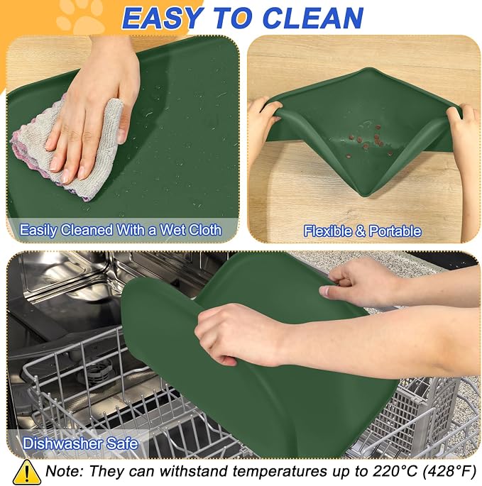 SMILOOL Waterproof Silicone Pet Food Mat with Raised Edge for Dog & Cat | 19" x 12" Non-Slip Pet Feeding Mats with Lip for Food & Water Bowl, Food Grade, Easy Cleaning, Dark Olive