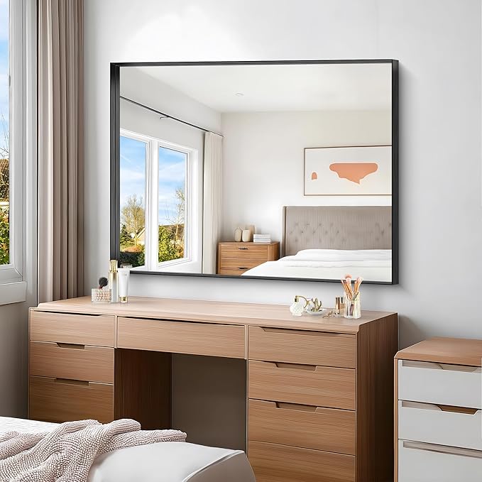 Black Bathroom Mirror, 36x48 Inch Rectangular Deep Frame Mirror, Large Wall