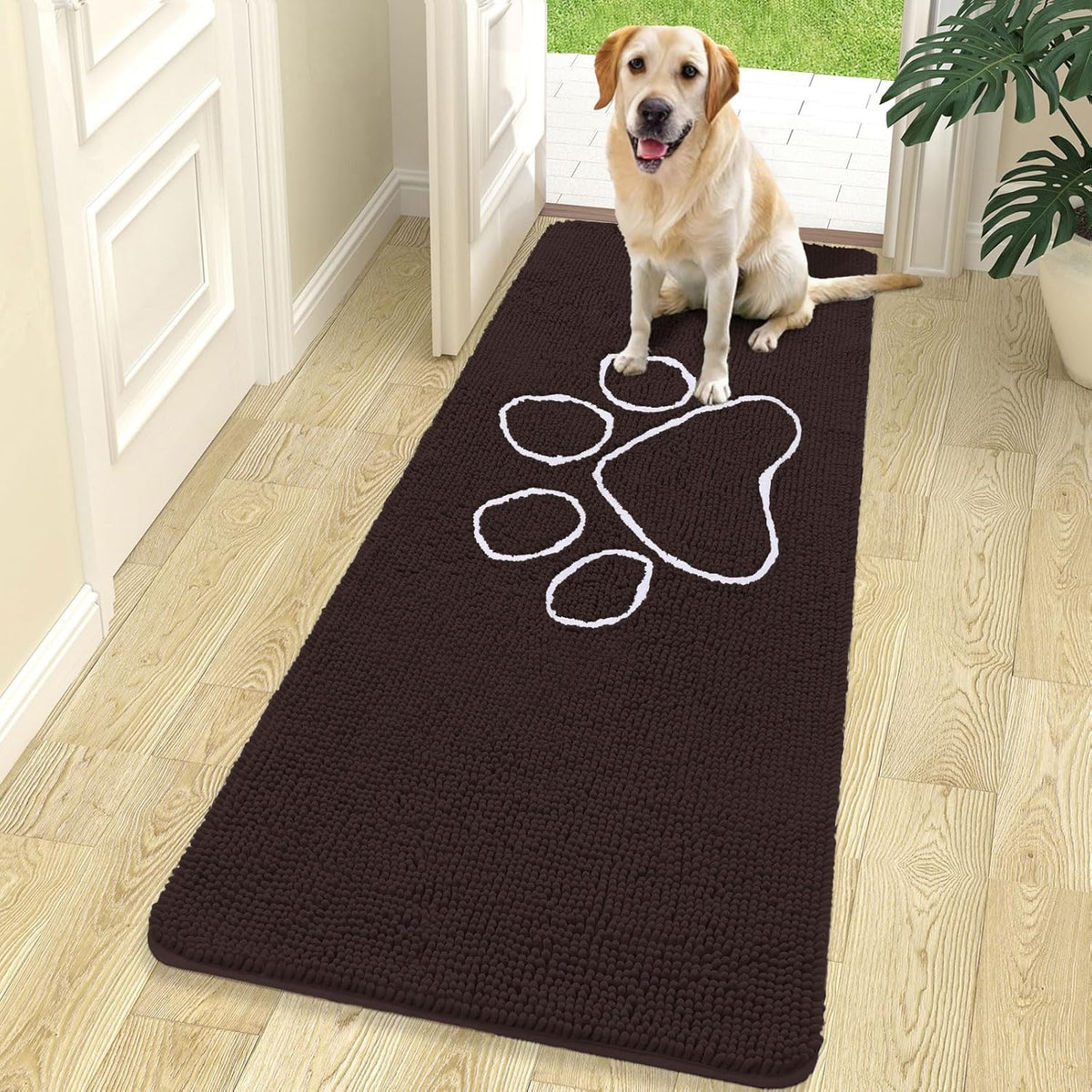 OLANLY Door Mat for Muddy Dog Paws 70x24, Ultra Absorbent Chenille Mud Doormat with Paw Print Design, Non-Slip Washable Doormat for Indoor Entryway, Quick-Dry Pet Bed Mats for Dirty Dogs, Brown