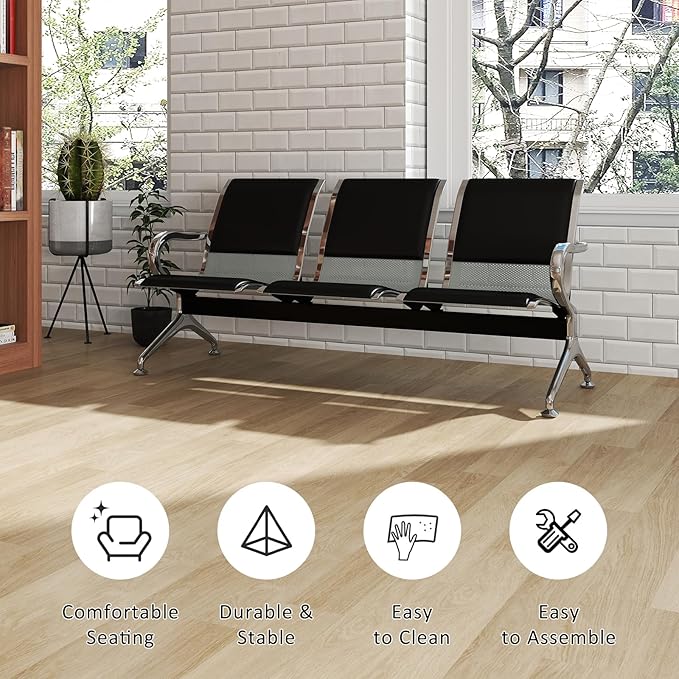 Kinfant 3-Seat Waiting Room Bench Set - PU Leather Office Chair Guest Reception Waiting Room Chair for Airport, Hospital, Bank, Salon, Barbershop, Black