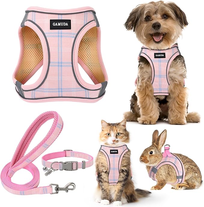 GAMUDA Small Dog Harness Collar and Leash Set, Step in No Chock No Pull Soft Mesh Adjustable Dog Vest Harnesses Plaid Reflective for Dogs Puppy Cats Kitten Rabbit (Pink, XS)