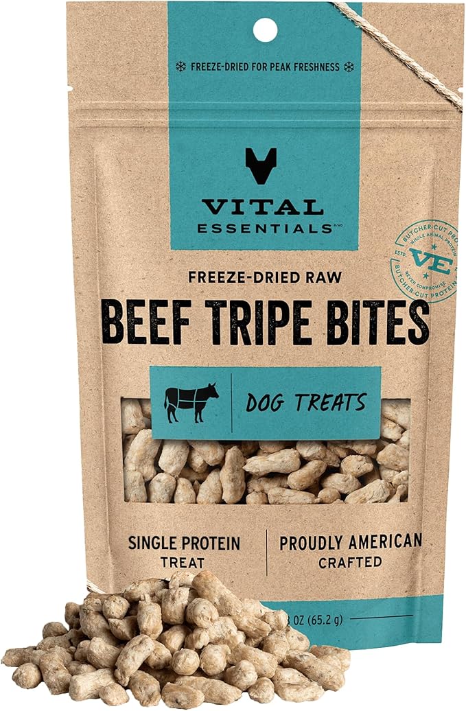 Vital Essentials Beef Tripe Bites Dog Treats, 2.3 oz | Freeze-Dried Raw | Single Protein | Premium Quality High Protein Training Treats | Grain Free, Gluten Free, Filler Free