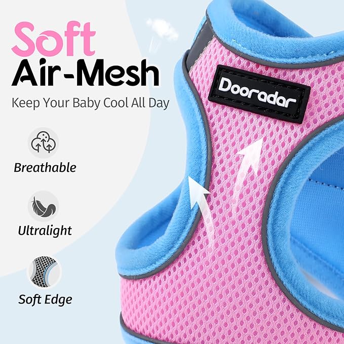 Dooradar Cat Harness and Leash Set, Escape Proof Lightweight Kitten Harness, Soft Breathable Reflective Vest for Outdoor Walking Traveling, Adjustable for Medium Cats, Pink & Blue, M