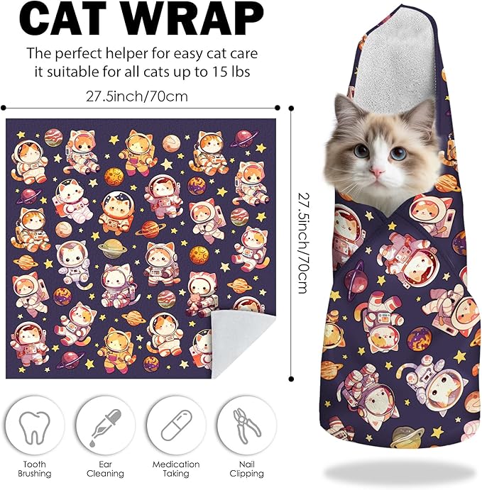 27.6" Cat Grooming Wrap, Self Adhesive Cat Wrap for Cutting Nails, Anti-Escape Calming Cat Swaddle Wrap for Medicine Ear Cleaning, Anti-Scratch Cats Burrito Restraint Blanket, Pet Tool(6-10 lbs)