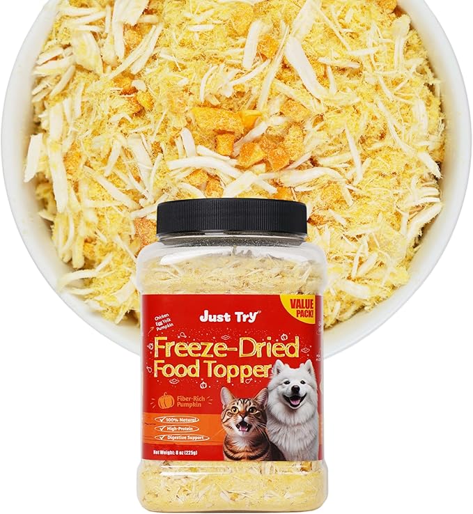 Just Try 8 OZ Pumpkin Freeze Dried Cat & Dog Food Toppers Mixers Low Calorie with Real Chicken Egg Yolk, High Protein Food Toppers Digestive Support